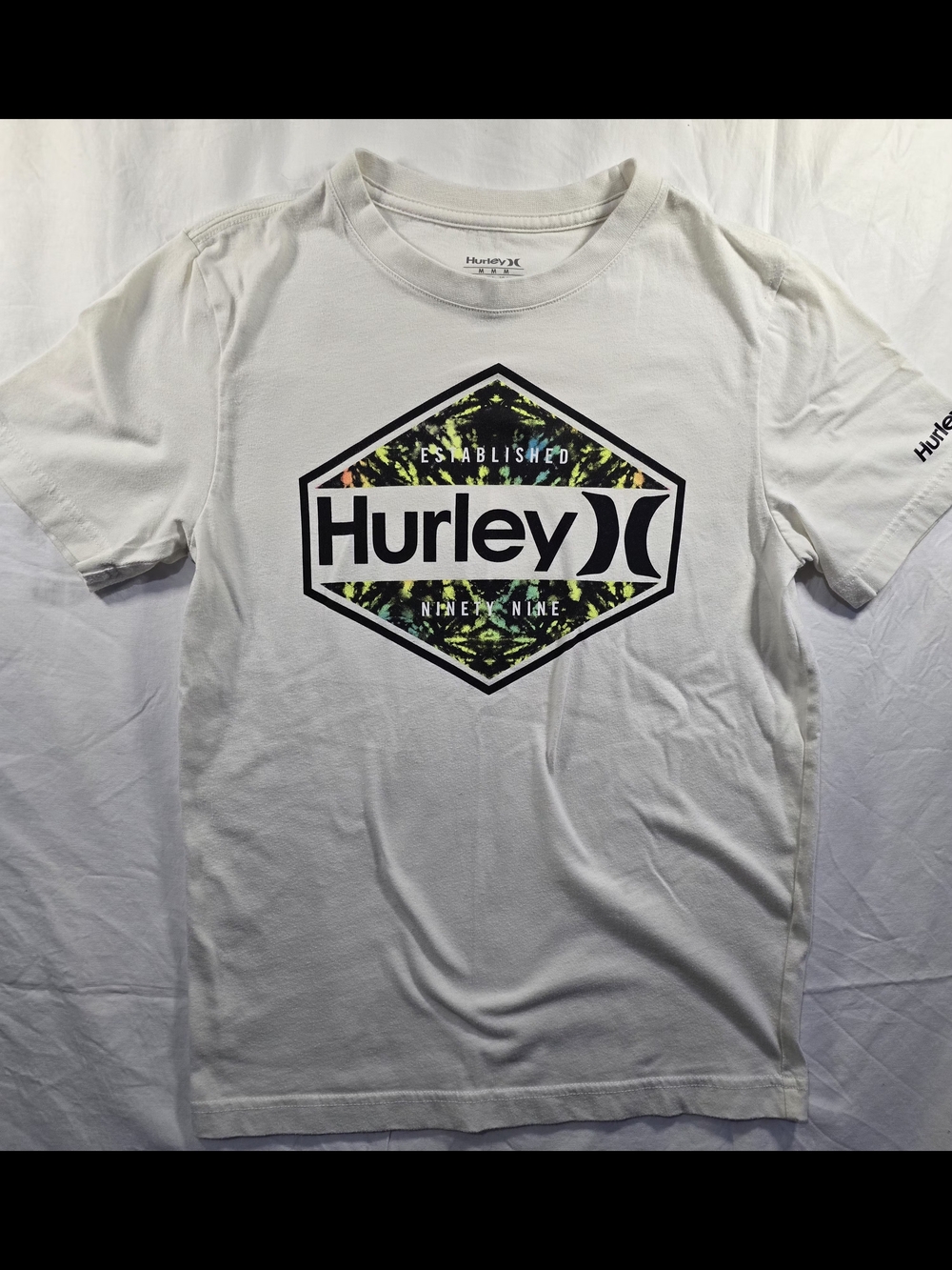 Hurley White Kids Short Sleeve Tee with Multicolor Camo Hex Logo